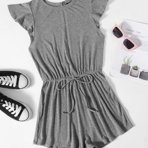 SHEIN Keyhole Back Tie Front Butterfly Sleeve Rib-Knit Romper